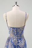 Blue Floral Mermaid Spaghetti Straps Corset Burnout Velvet Dress with Slit