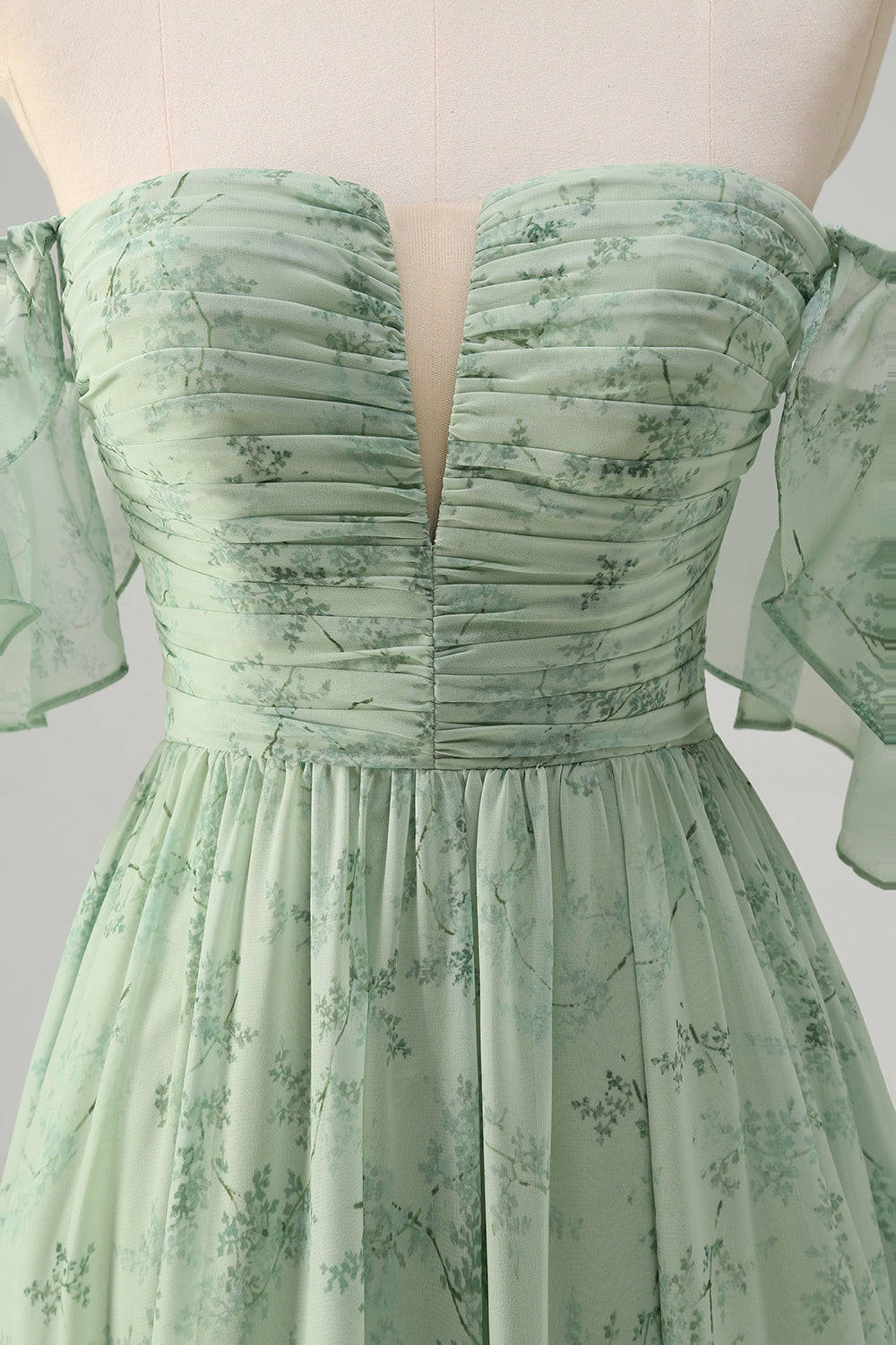 Dusty Sage A Line Off the Shoulder Print Maxi Dress with Slit