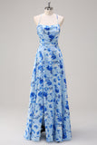 Blue Floral A Line Spaghetti Straps Maxi Dress With Slit
