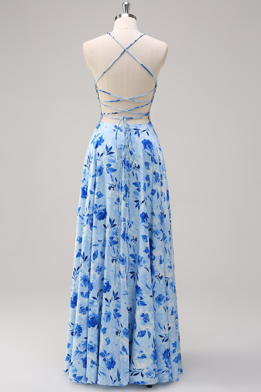 Blue Floral A Line Spaghetti Straps Maxi Dress With Slit