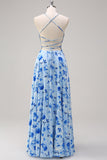 Blue Floral A Line Spaghetti Straps Maxi Dress With Slit