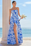 Blue Floral A Line Spaghetti Straps Maxi Dress With Slit