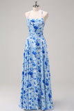Blue Floral A Line Spaghetti Straps Maxi Dress With Slit