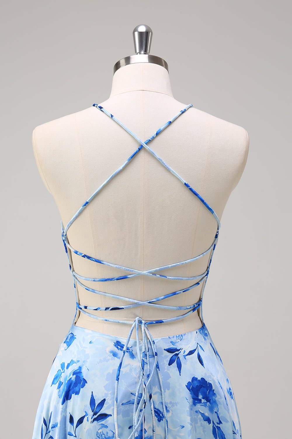 Blue Floral A Line Spaghetti Straps Maxi Dress With Slit