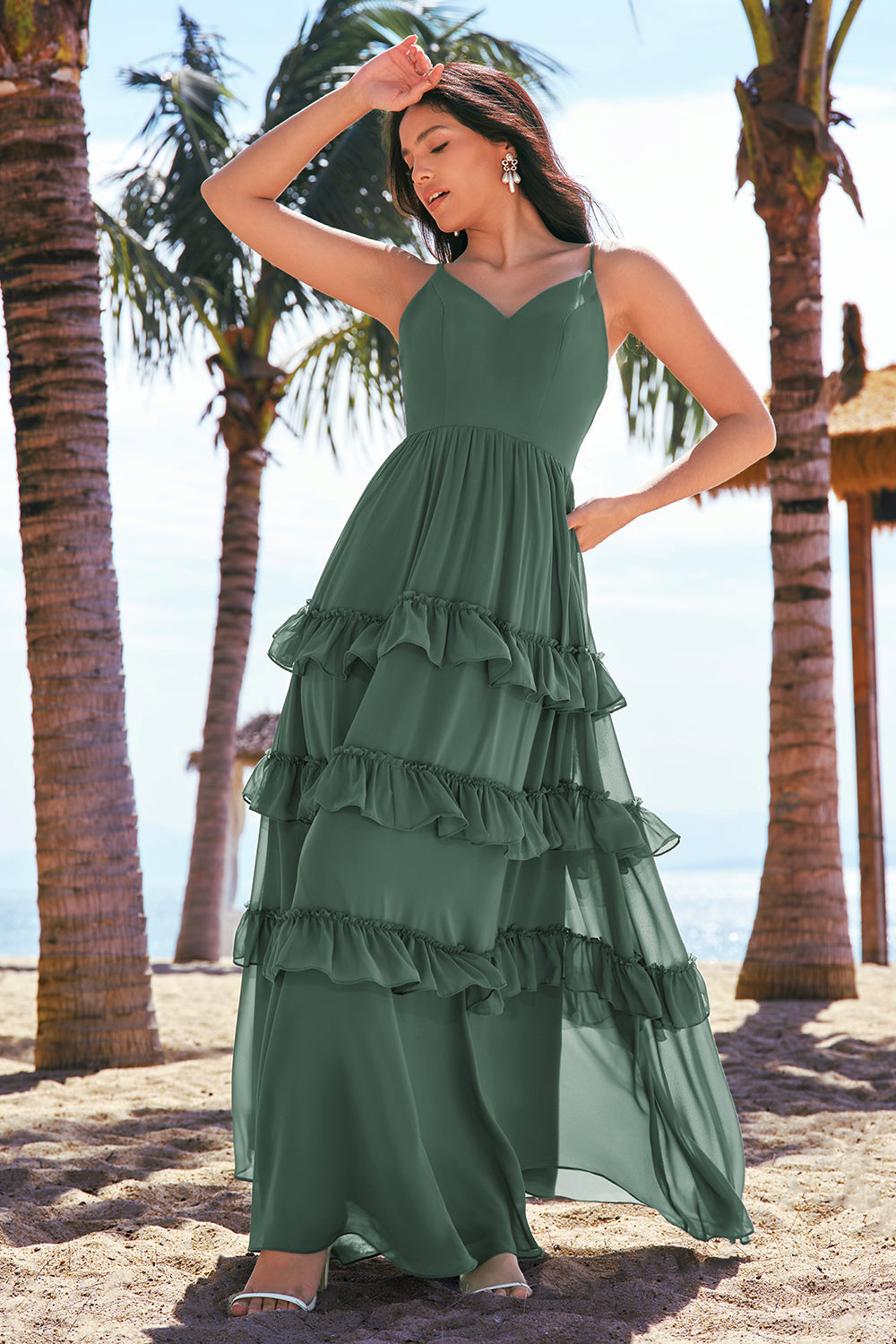 Eucalyptus A-Line Spaghetti Straps Tiered Chiffon Long Bridesmaid Dress