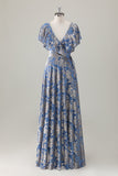 Grey Blue Floral A-Line V Neck Burnout Velvet Maxi Dress