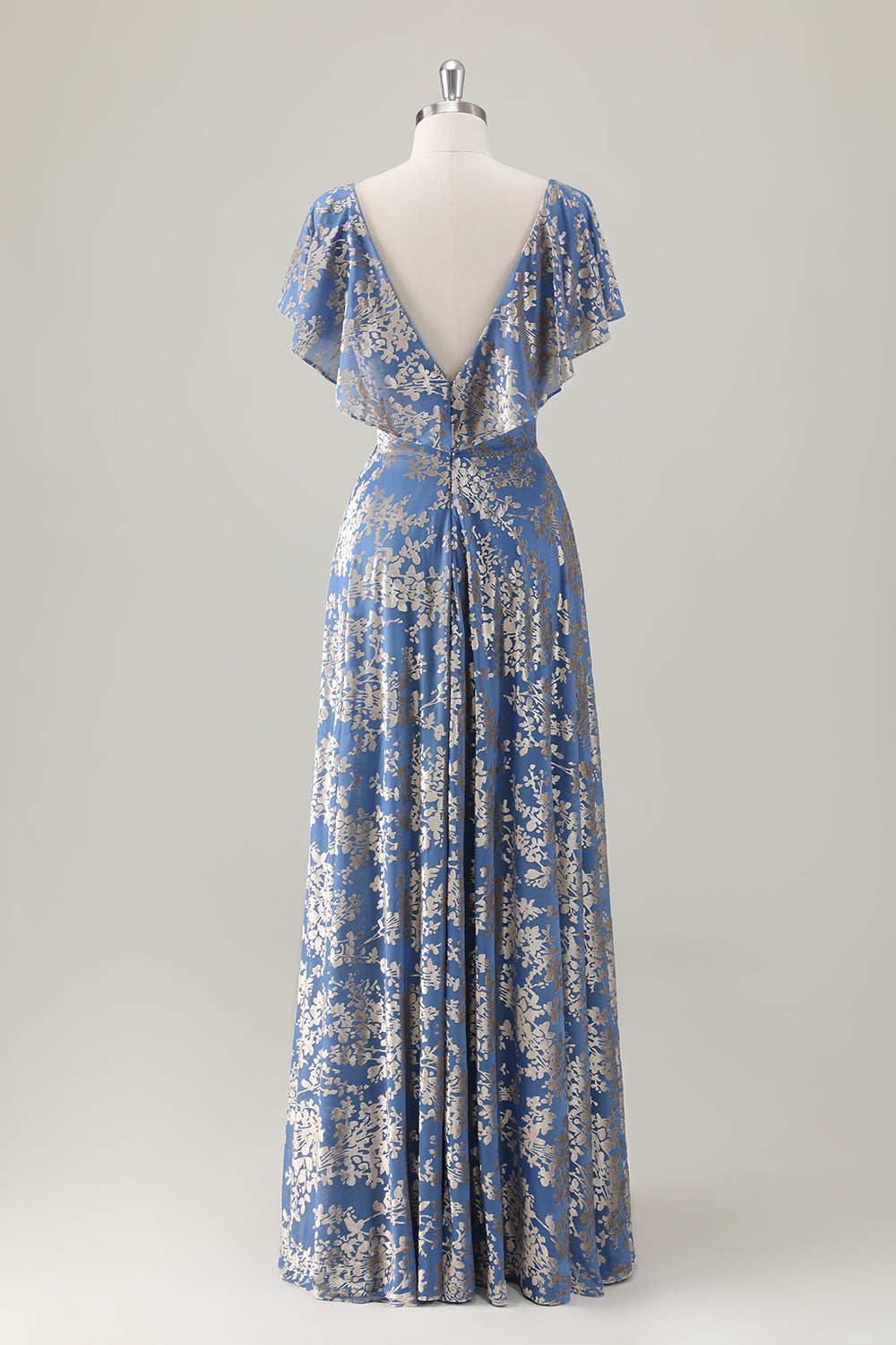 Grey Blue Floral A-Line V Neck Burnout Velvet Maxi Dress