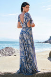 Grey Blue Floral A-Line V Neck Burnout Velvet Maxi Dress