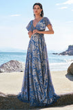 Grey Blue Floral A-Line V Neck Burnout Velvet Maxi Dress