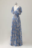 Grey Blue Floral A-Line V Neck Burnout Velvet Maxi Dress