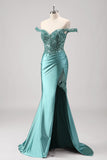 Sparkly Grey Green Mermaid Off The Shoulder Sequins Long Prom Dress with Slit