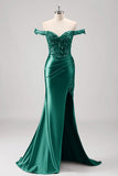Off the Shoulder Applique Mermaid Grey Green Prom Dress with Slit