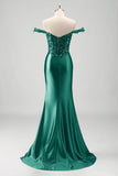 Sparkly Grey Green Mermaid Off The Shoulder Sequins Long Prom Dress with Slit