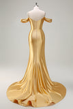 Mermaid Cold Shoulder Sequin Ruched Satin Golden Long Prom Dress