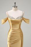Mermaid Cold Shoulder Sequin Ruched Satin Golden Long Prom Dress