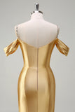 Mermaid Cold Shoulder Sequin Ruched Satin Golden Long Prom Dress