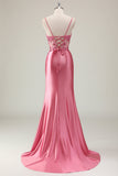 Sparkly Coral Mermaid Sequins Corset Long Prom Dress with Slit