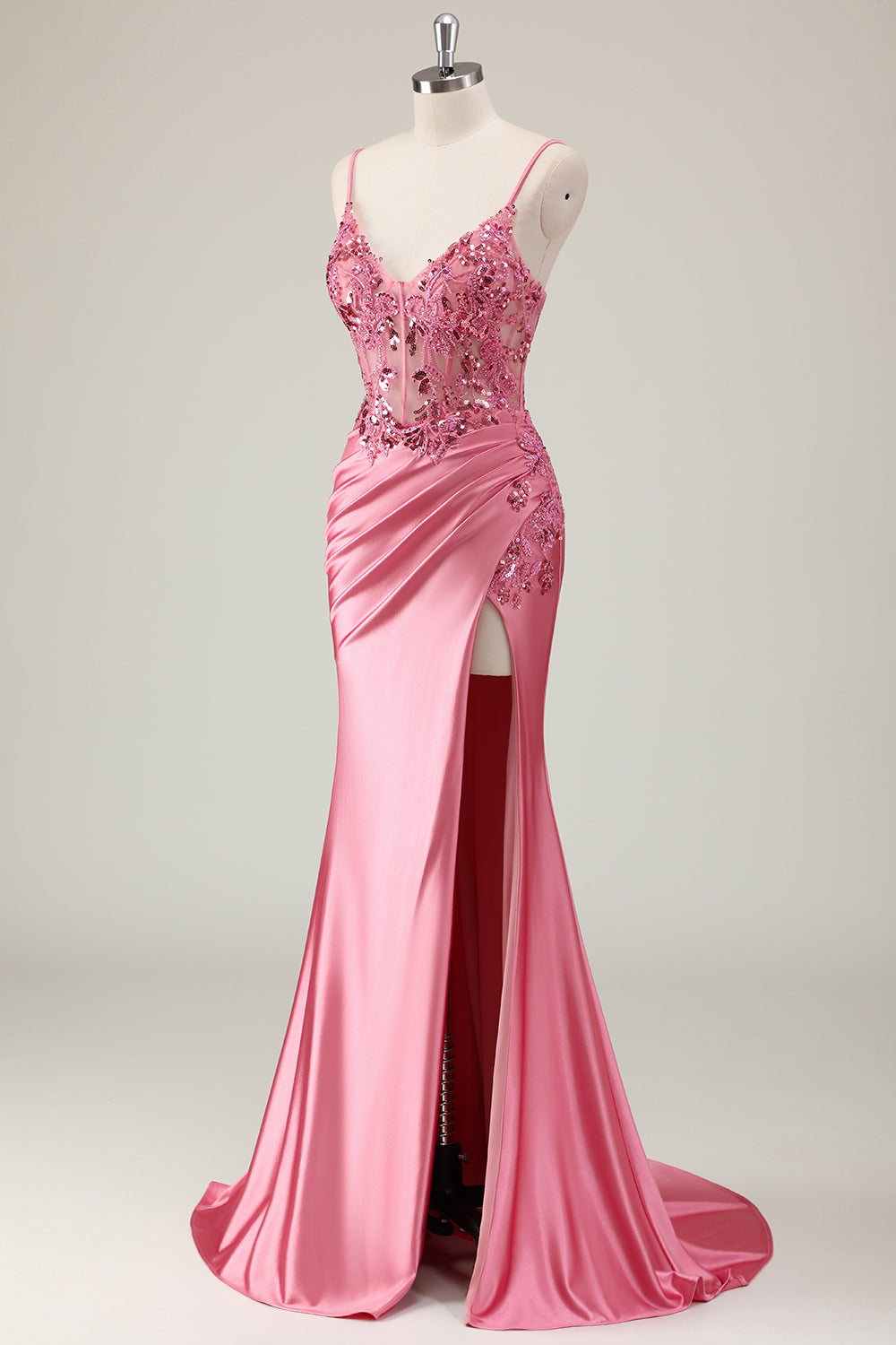 Sparkly Coral Mermaid Sequins Corset Long Prom Dress with Slit