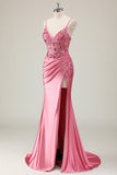 Sparkly Coral Mermaid Sequins Corset Long Prom Dress with Slit