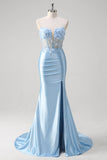 Blue Mermaid Strapless Corset Floral Long Prom Dress With Slit