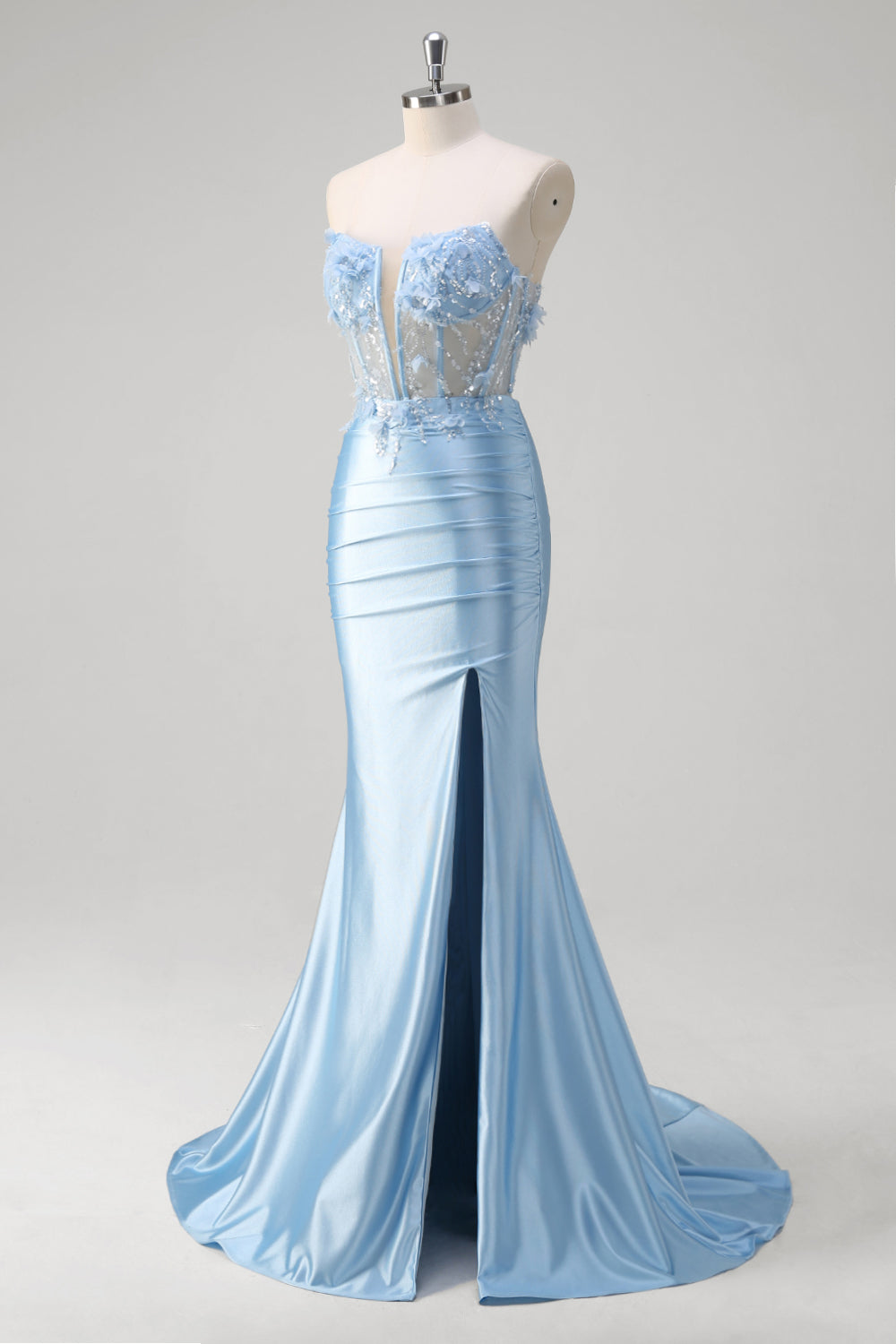 Blue Mermaid Strapless Corset Floral Long Prom Dress With Slit