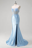 Blue Mermaid Strapless Corset Floral Long Prom Dress With Slit