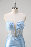 Blue Mermaid Strapless Corset Floral Long Prom Dress With Slit