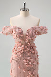 Blush Mermaid Off the Shoulder 3D Flowers Long Prom Dress With Slit