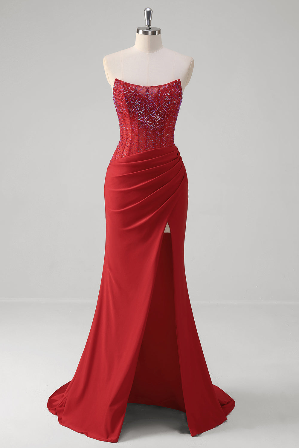 Sparkly Red Strapless Mermaid Corset Long Prom Dress With Slit