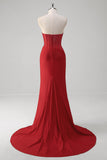 Sparkly Red Strapless Mermaid Corset Long Prom Dress With Slit