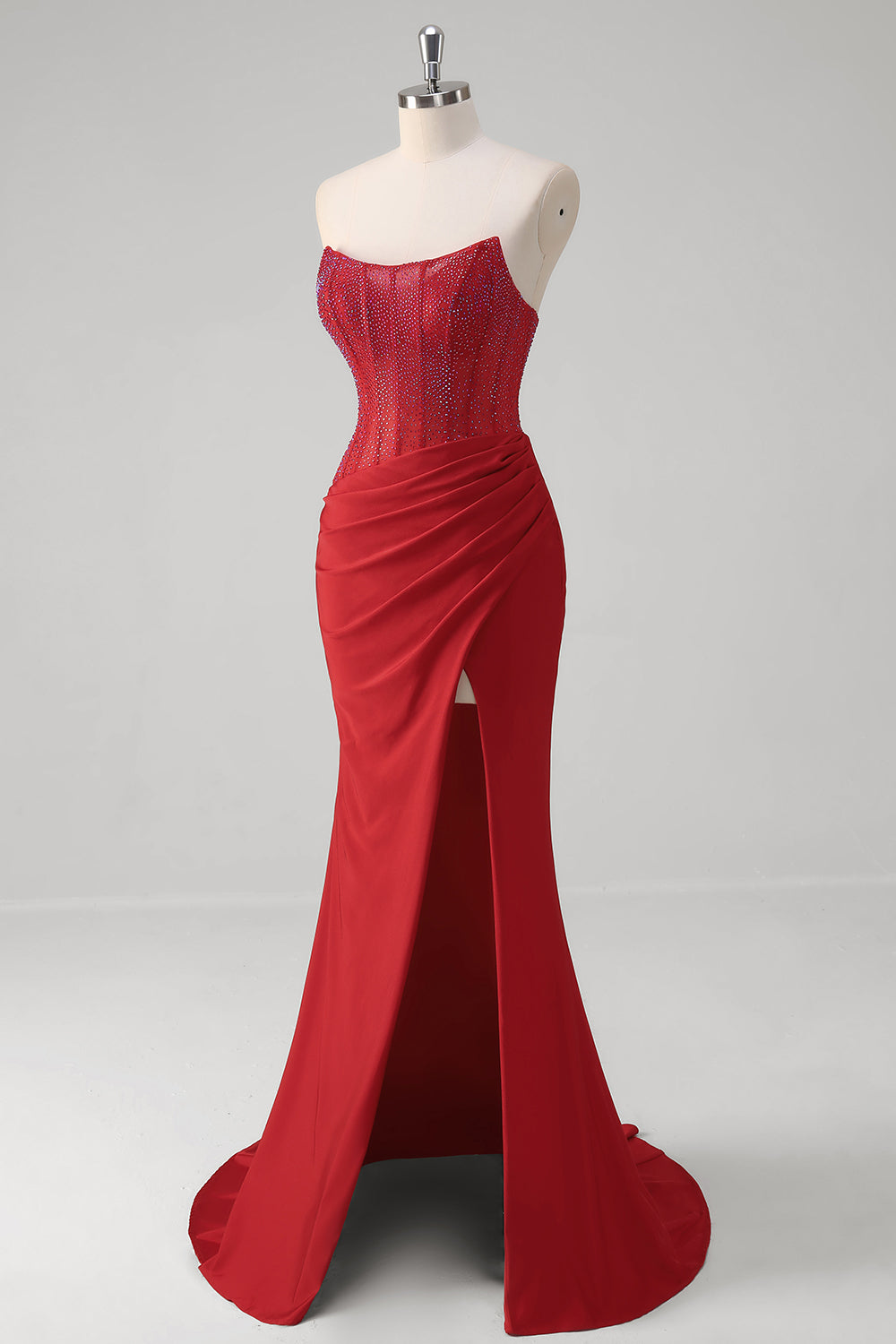 Sparkly Red Strapless Mermaid Corset Long Prom Dress With Slit