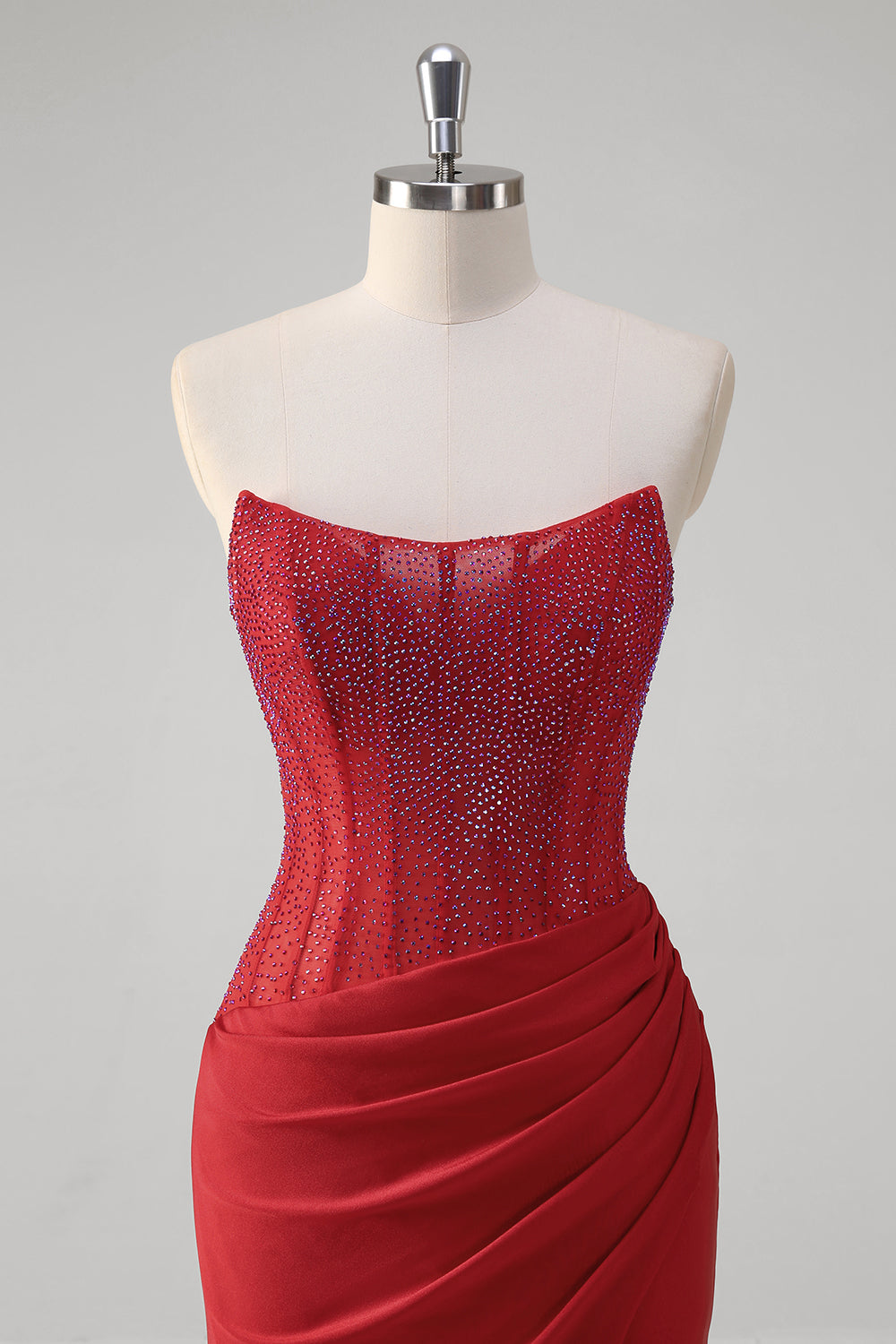 Sparkly Red Strapless Mermaid Corset Long Prom Dress With Slit