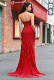 Sparkly Red Strapless Mermaid Corset Long Prom Dress With Slit