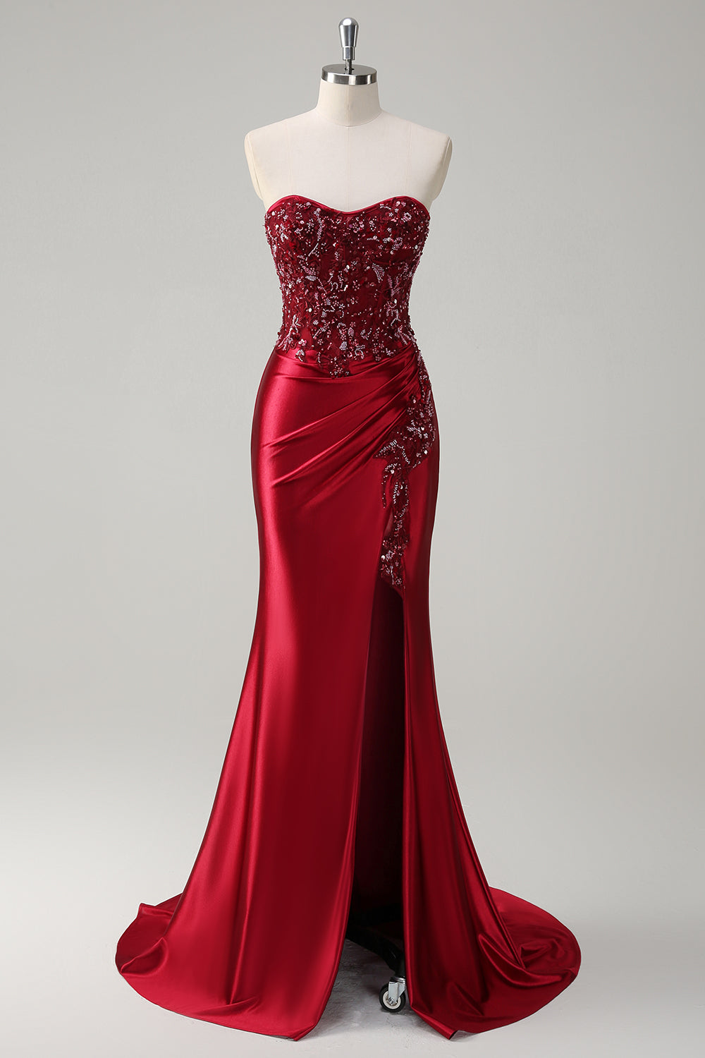 Burgundy Mermaid Strapless Sequin Beaded Long Prom Dress with Slit