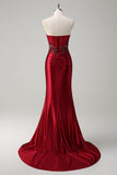 Burgundy Mermaid Strapless Sequin Beaded Long Prom Dress with Slit