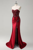 Burgundy Mermaid Strapless Sequin Beaded Long Prom Dress with Slit