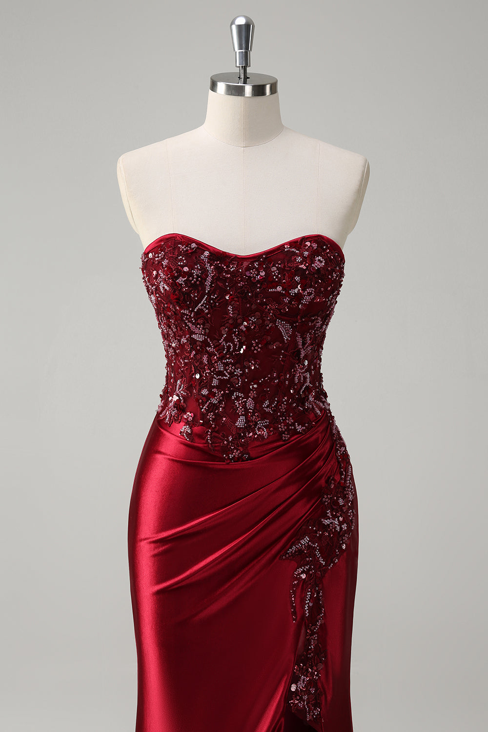 Burgundy Mermaid Strapless Sequin Beaded Long Prom Dress with Slit