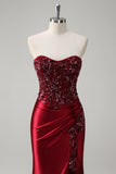 Burgundy Mermaid Strapless Sequin Beaded Long Prom Dress with Slit