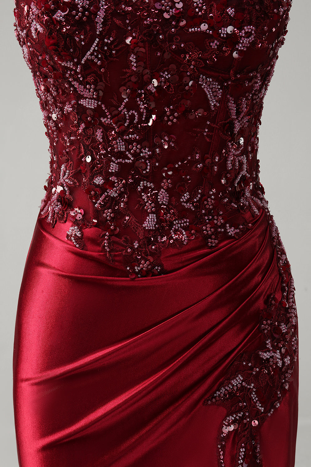 Burgundy Mermaid Strapless Sequin Beaded Long Prom Dress with Slit