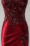 Burgundy Mermaid Strapless Sequin Beaded Long Prom Dress with Slit