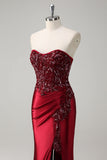 Burgundy Mermaid Strapless Sequin Beaded Long Prom Dress with Slit
