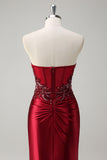 Burgundy Mermaid Strapless Sequin Beaded Long Prom Dress with Slit