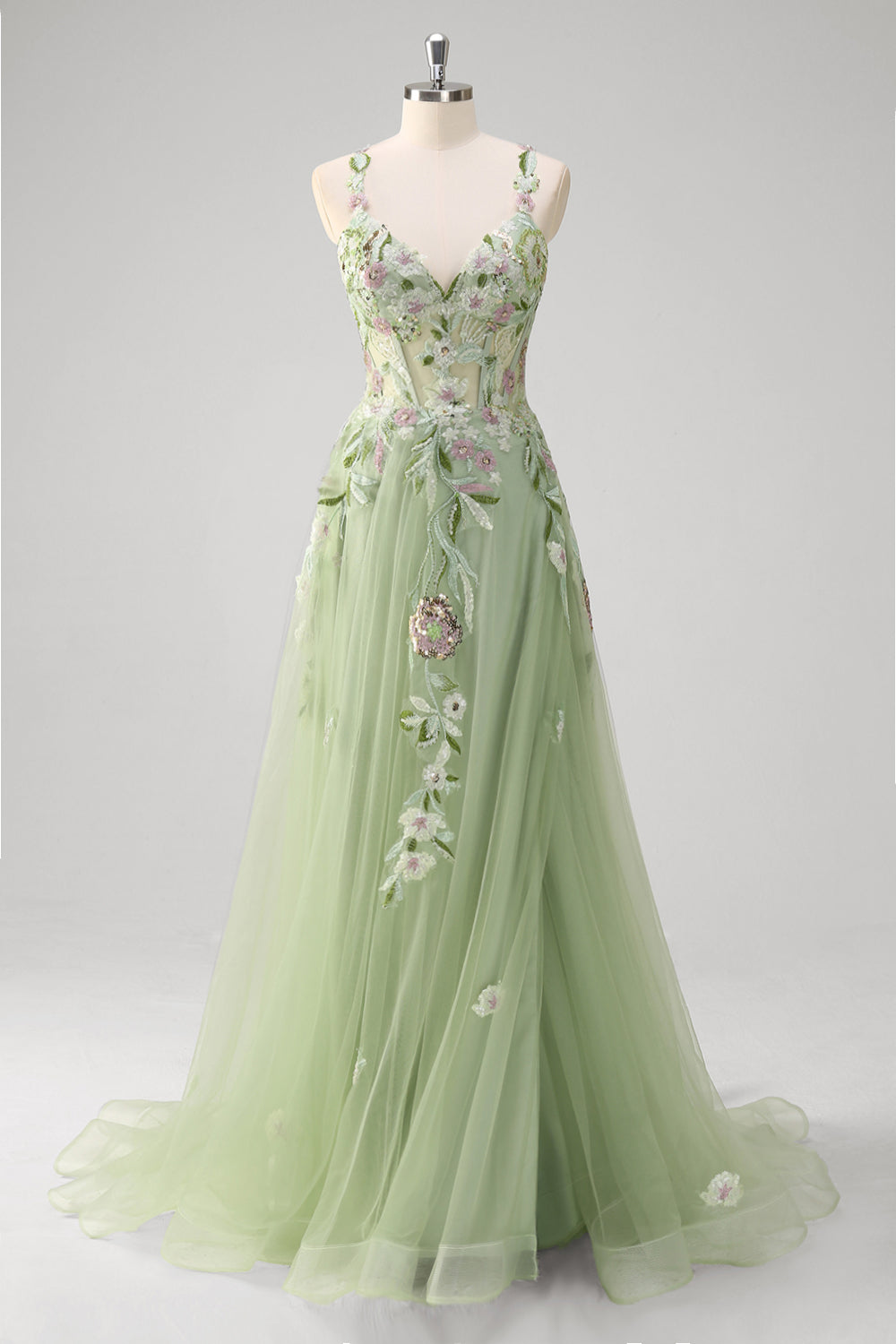 Green A line Spaghetti Straps Tulle Floral Corset Long Prom Dress With Slit