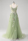 Green A line Spaghetti Straps Tulle Floral Corset Long Prom Dress With Slit