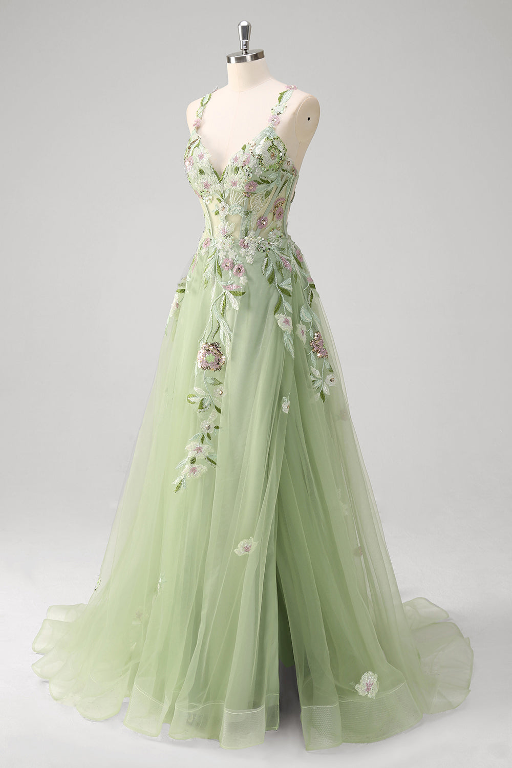 Green A line Spaghetti Straps Tulle Floral Corset Long Prom Dress With Slit