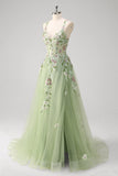 Green A line Spaghetti Straps Tulle Floral Corset Long Prom Dress With Slit