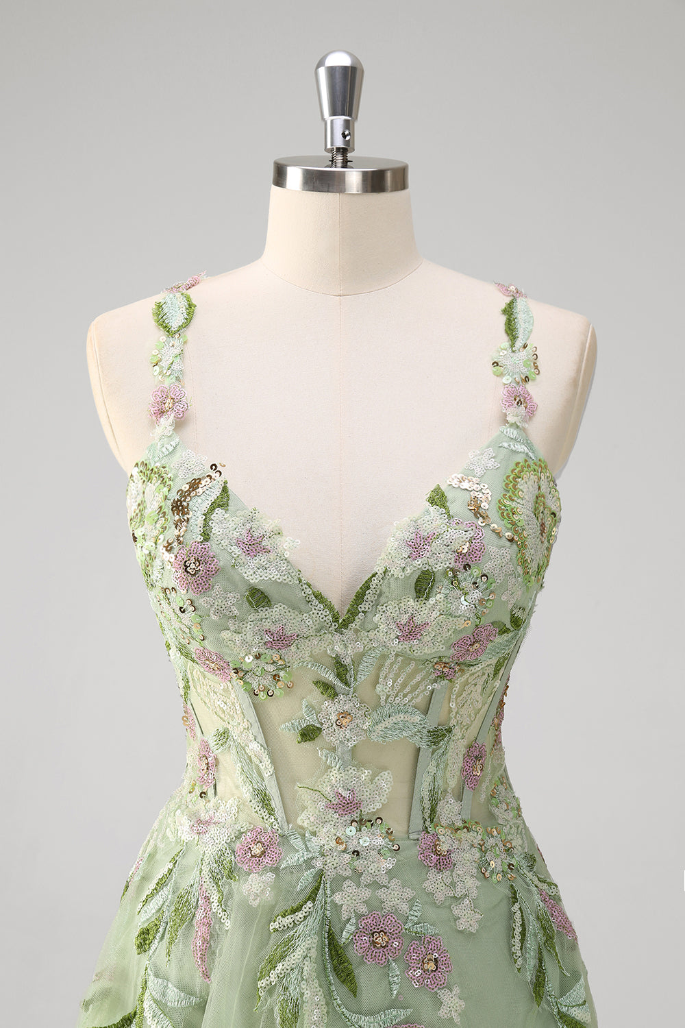 Green A line Spaghetti Straps Tulle Floral Corset Long Prom Dress With Slit