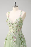 Green A line Spaghetti Straps Tulle Floral Corset Long Prom Dress With Slit