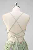 Green A line Spaghetti Straps Tulle Floral Corset Long Prom Dress With Slit
