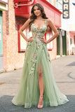Green A line Spaghetti Straps Tulle Floral Corset Long Prom Dress With Slit